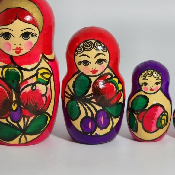 Hand Painted Russian Matryoshka Nesting Dolls Set Of 5 Red Floral Design Traditi - Picture 7 of 12